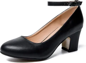 Women's Ankle Strap Low Block Chunky Heels Pumps Closed Round Toe Dress Wedding Office Work Shoes