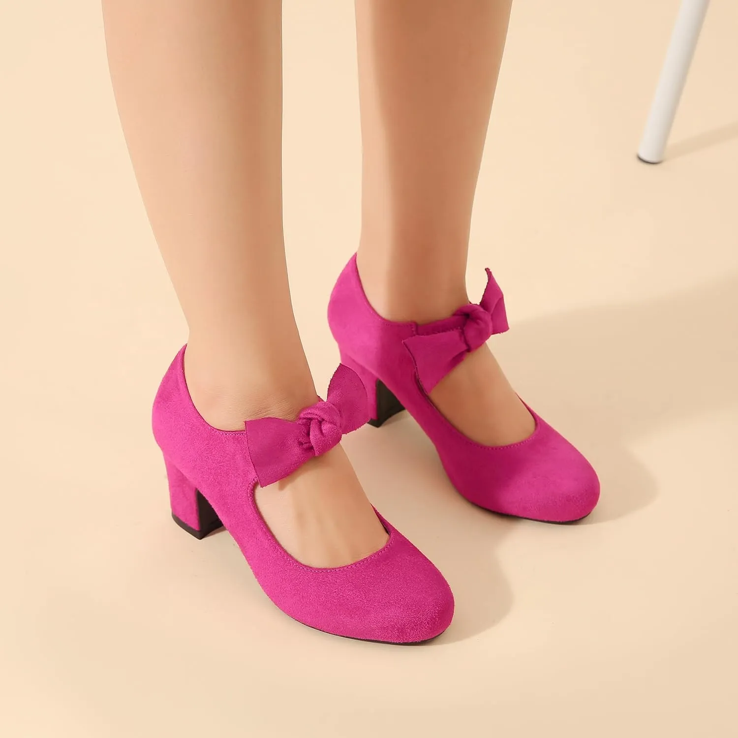 Women's Bow Mary Jane Low Block Chunky Heels Pumps Round Toe Low Heels Ankle Strap Wedding Dress Evening Party Shoes