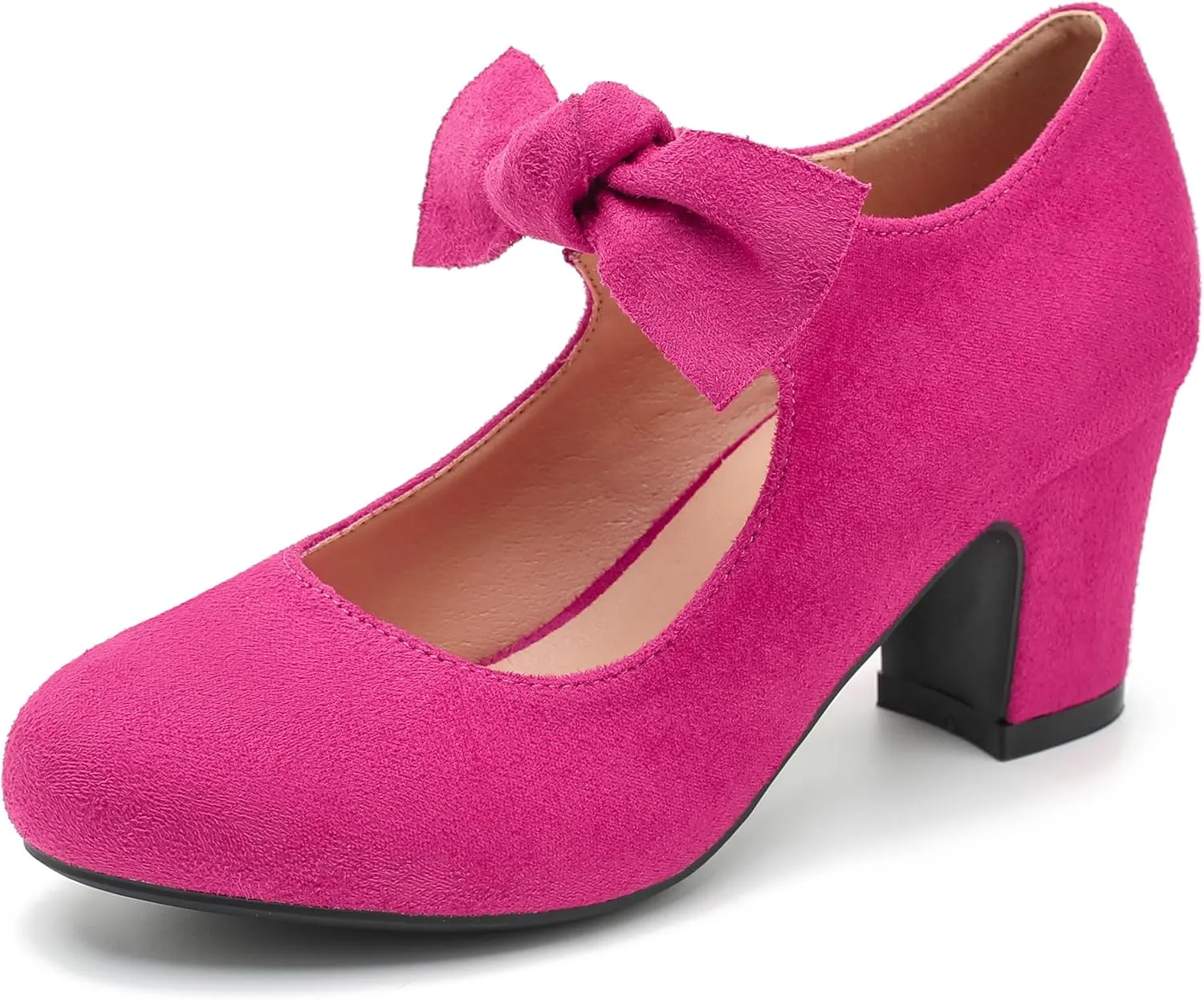 Women's Bow Mary Jane Low Block Chunky Heels Pumps Round Toe Low Heels Ankle Strap Wedding Dress Evening Party Shoes