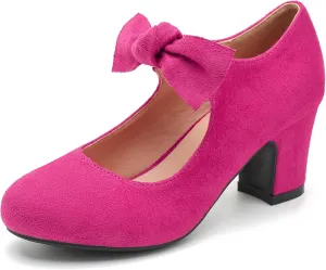 Women's Bow Mary Jane Low Block Chunky Heels Pumps Round Toe Low Heels Ankle Strap Wedding Dress Evening Party Shoes