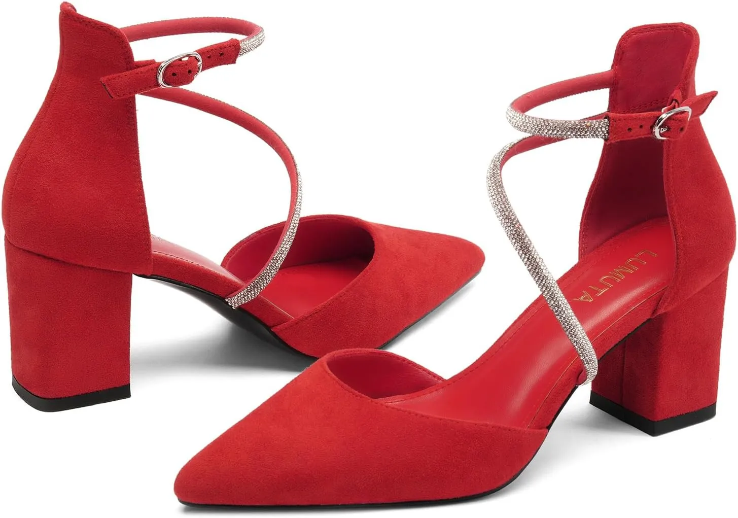 Women's Chunky Heels Pump Shoes Rhinestone Ankle Strap Pointed Toe Pumps Summer Sexy Comfortable High Heels Wedding Party Dress Work Block Heel Shoes