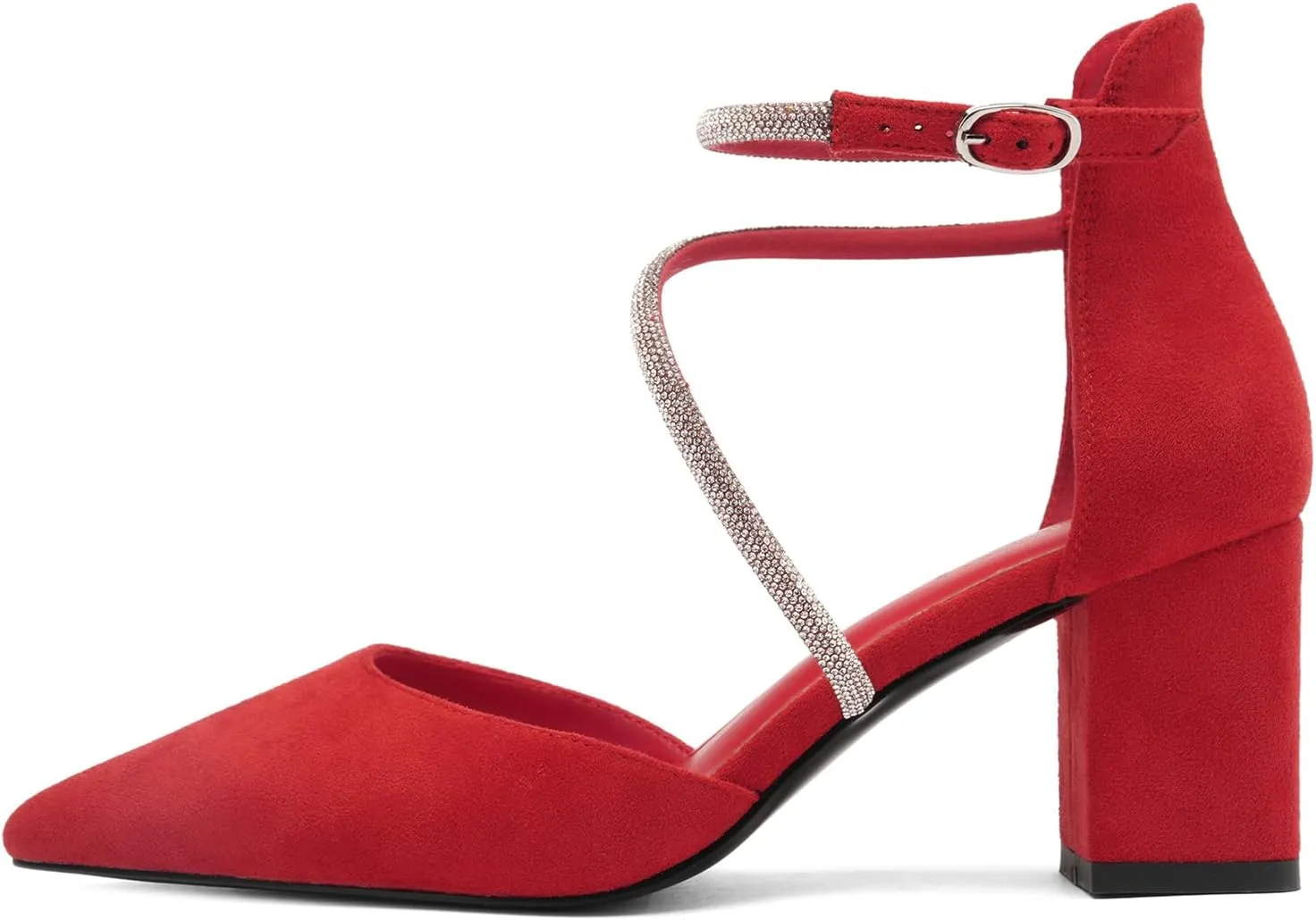 Women's Chunky Heels Pump Shoes Rhinestone Ankle Strap Pointed Toe Pumps Summer Sexy Comfortable High Heels Wedding Party Dress Work Block Heel Shoes