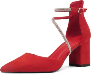 Women's Chunky Heels Pump Shoes Rhinestone Ankle Strap Pointed Toe Pumps Summer Sexy Comfortable High Heels Wedding Party Dress Work Block Heel Shoes