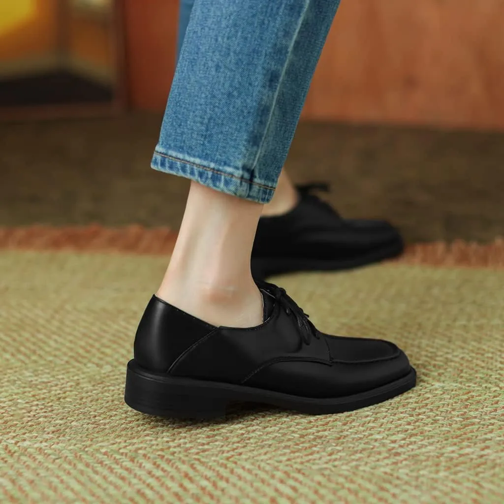 Women's Classic Lace Up Loafers Flats Square Toe Leather Low Heels Work Office Dress Oxford Shoes