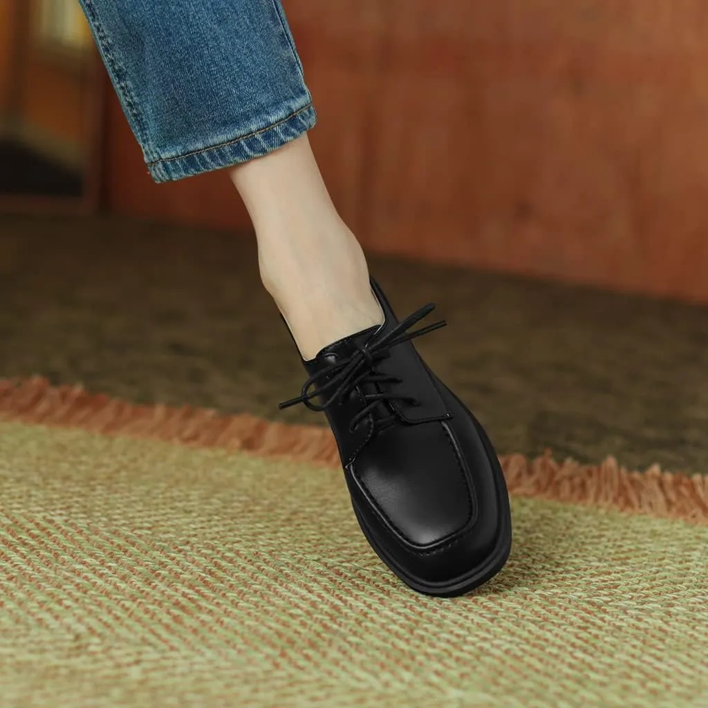 Women's Classic Lace Up Loafers Flats Square Toe Leather Low Heels Work Office Dress Oxford Shoes