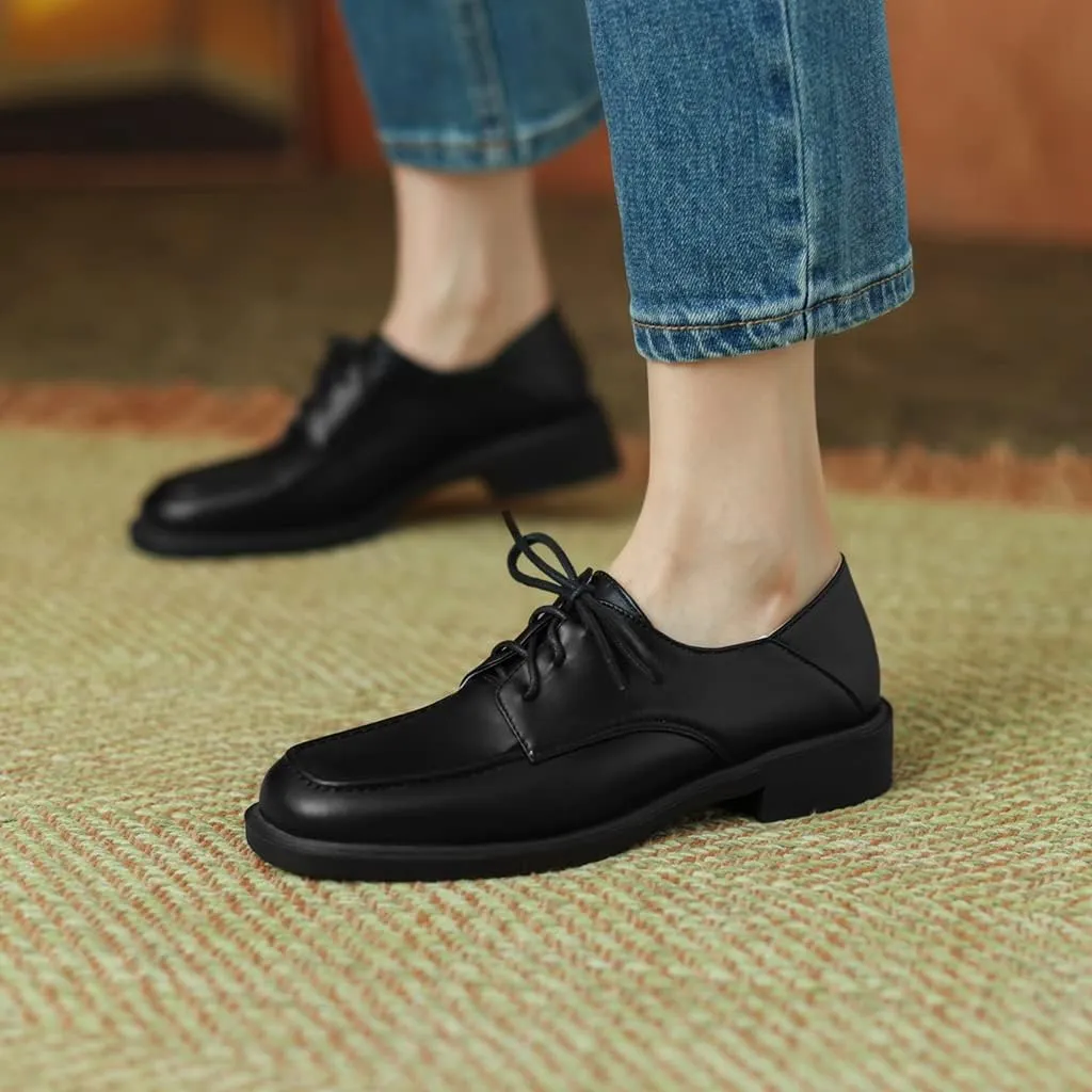 Women's Classic Lace Up Loafers Flats Square Toe Leather Low Heels Work Office Dress Oxford Shoes