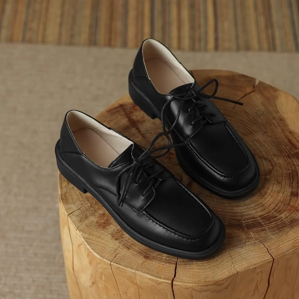 Women's Classic Lace Up Loafers Flats Square Toe Leather Low Heels Work Office Dress Oxford Shoes