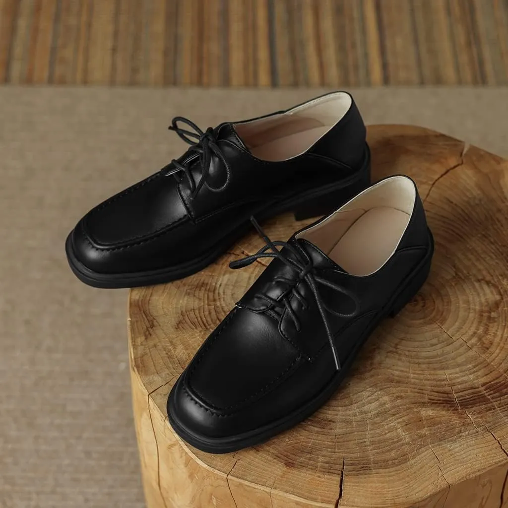 Women's Classic Lace Up Loafers Flats Square Toe Leather Low Heels Work Office Dress Oxford Shoes