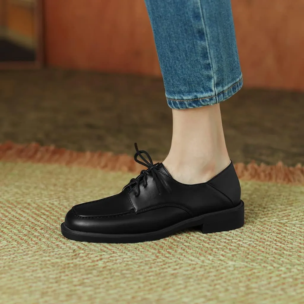 Women's Classic Lace Up Loafers Flats Square Toe Leather Low Heels Work Office Dress Oxford Shoes