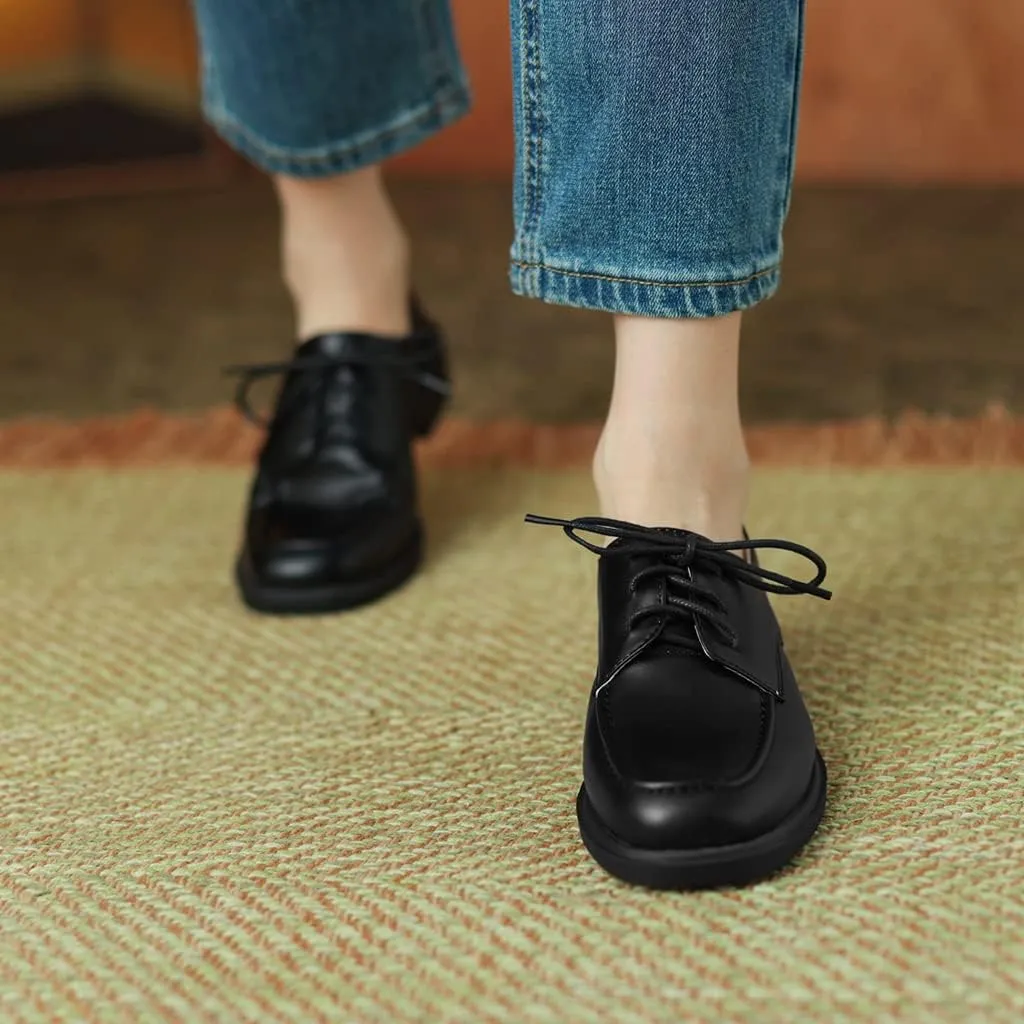 Women's Classic Lace Up Loafers Flats Square Toe Leather Low Heels Work Office Dress Oxford Shoes
