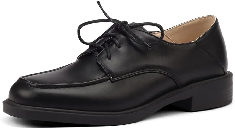 Women's Classic Lace Up Loafers Flats Square Toe Leather Low Heels Work Office Dress Oxford Shoes