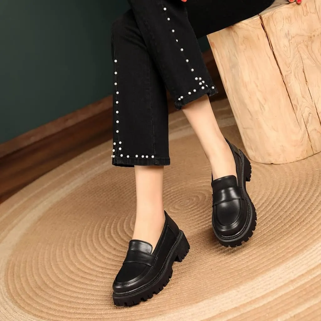 Women's Classic Slip On Penny Loafers Round Toe Leather Platform Mid Heel Dress Oxford Pump Shoes