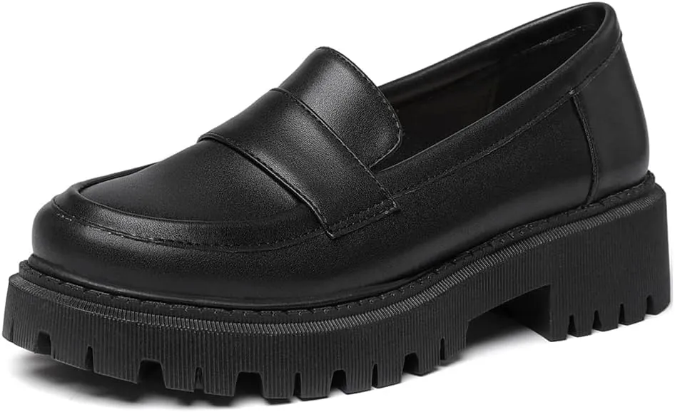 Women's Classic Slip On Penny Loafers Round Toe Leather Platform Mid Heel Dress Oxford Pump Shoes