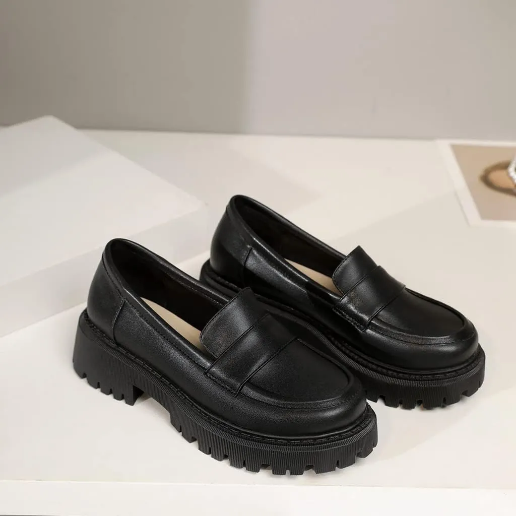Women's Classic Slip On Penny Loafers Round Toe Leather Platform Mid Heel Dress Oxford Pump Shoes