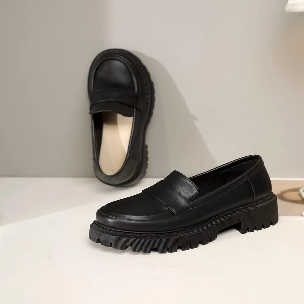 Women's Classic Slip On Penny Loafers Round Toe Leather Platform Mid Heel Dress Oxford Pump Shoes