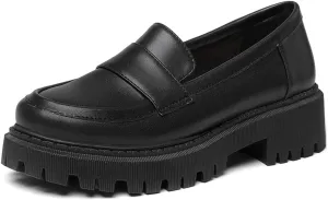 Women's Classic Slip On Penny Loafers Round Toe Leather Platform Mid Heel Dress Oxford Pump Shoes