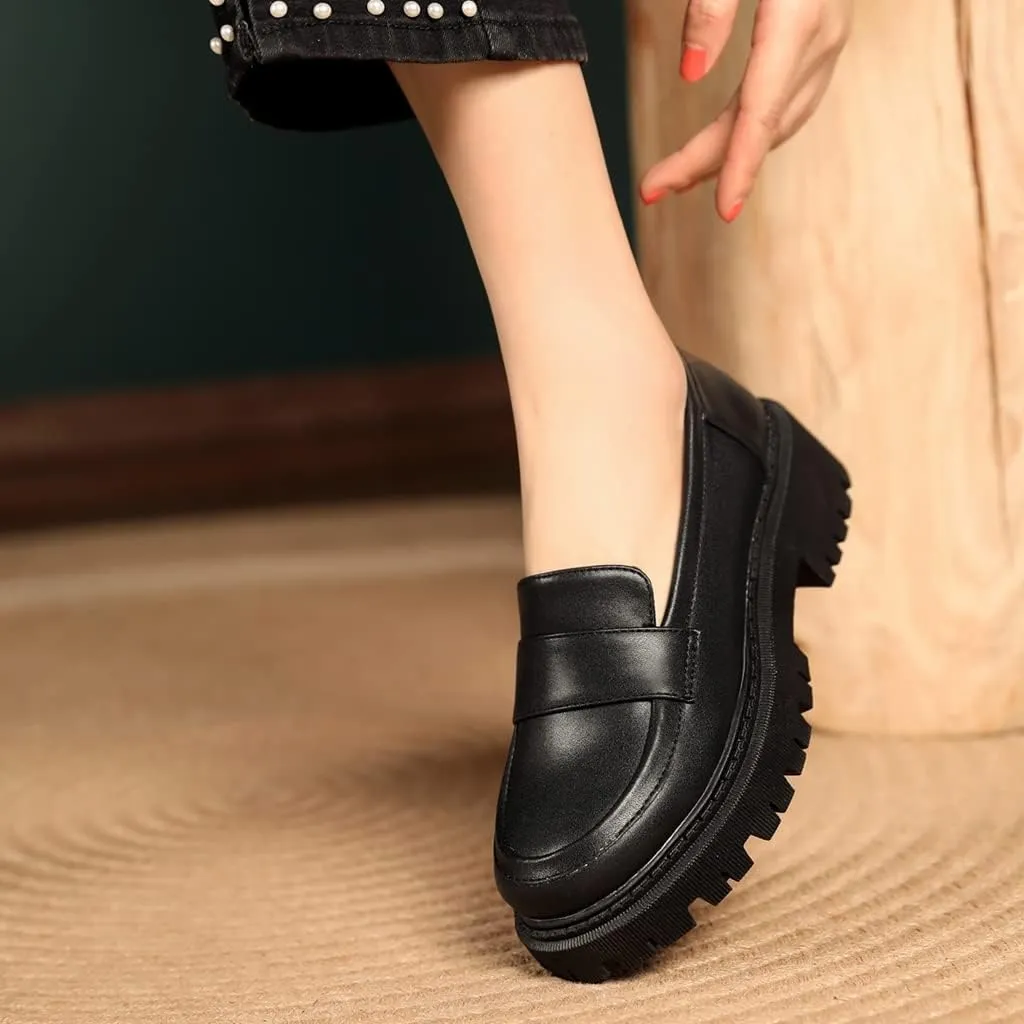 Women's Classic Slip On Penny Loafers Round Toe Leather Platform Mid Heel Dress Oxford Pump Shoes