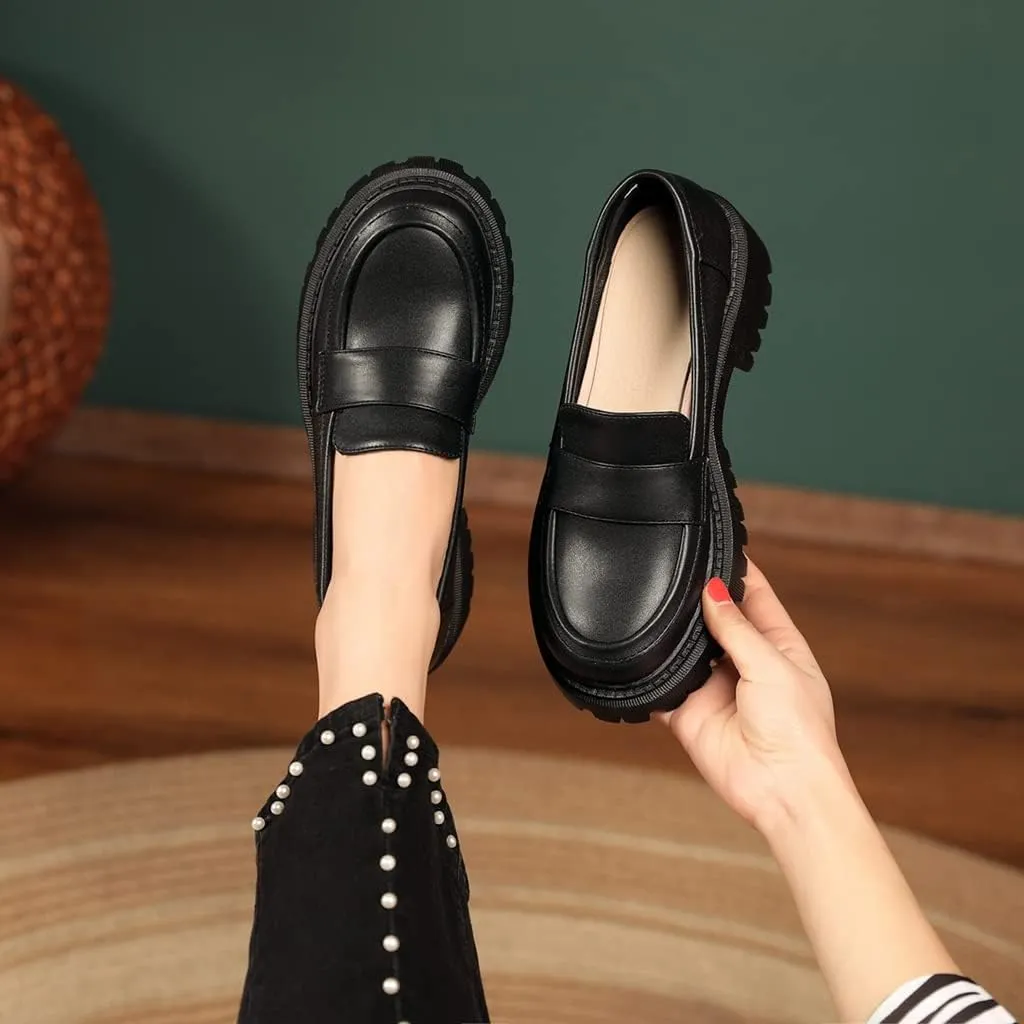 Women's Classic Slip On Penny Loafers Round Toe Leather Platform Mid Heel Dress Oxford Pump Shoes