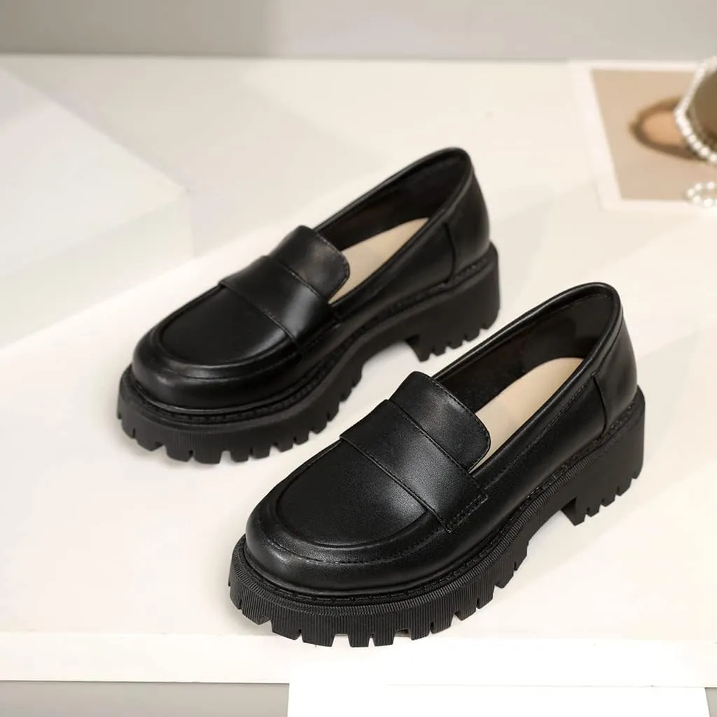 Women's Classic Slip On Penny Loafers Round Toe Leather Platform Mid Heel Dress Oxford Pump Shoes