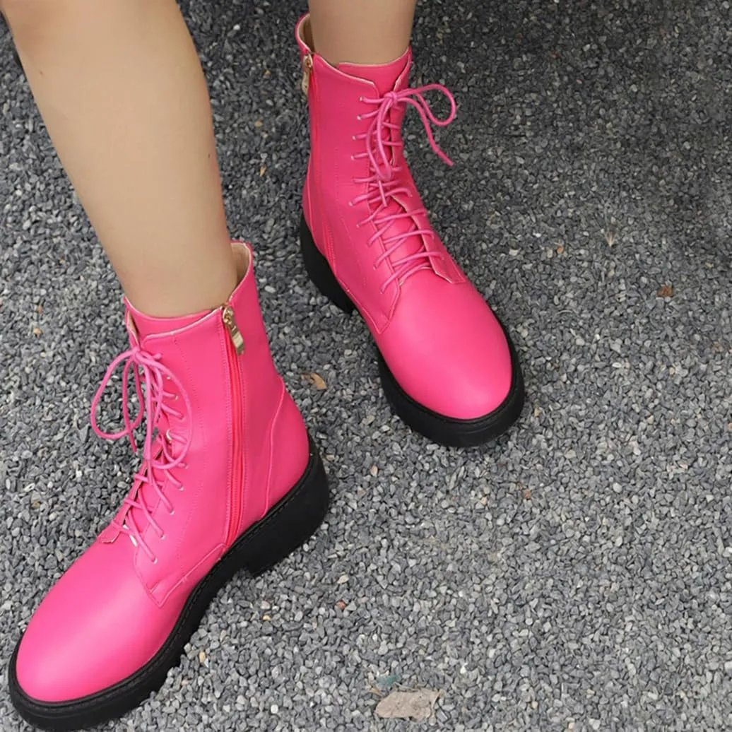 Women's Combat Lace Up Boots Platform Military Boots Low Heel Chunky Lug Sole Motorcycle Gothic Riding Boots Round Toe Comfortable Side Zipper Ankle Boots