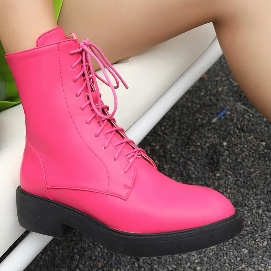 Women's Combat Lace Up Boots Platform Military Boots Low Heel Chunky Lug Sole Motorcycle Gothic Riding Boots Round Toe Comfortable Side Zipper Ankle Boots