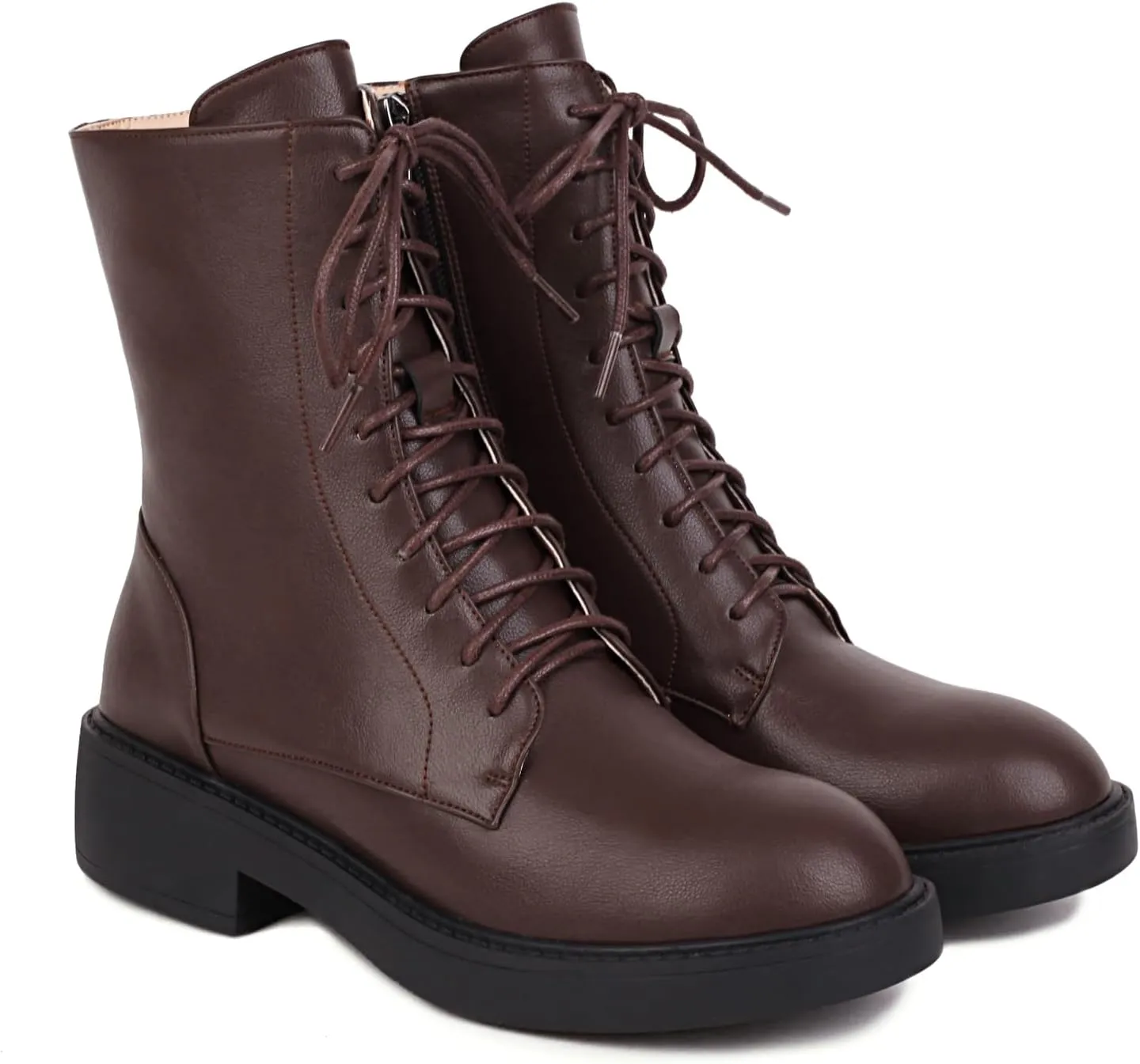 Women's Combat Lace Up Boots Platform Military Boots Low Heel Chunky Lug Sole Motorcycle Gothic Riding Boots Round Toe Comfortable Side Zipper Ankle Boots