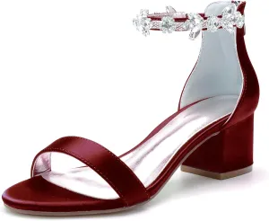 Women's Crystal Block Heels Satin Wedding Shoes for Bride Low Heels Comfortable Bridal Shoes White Heels Chunky Formal Evening Party Prom Sandals Pumps