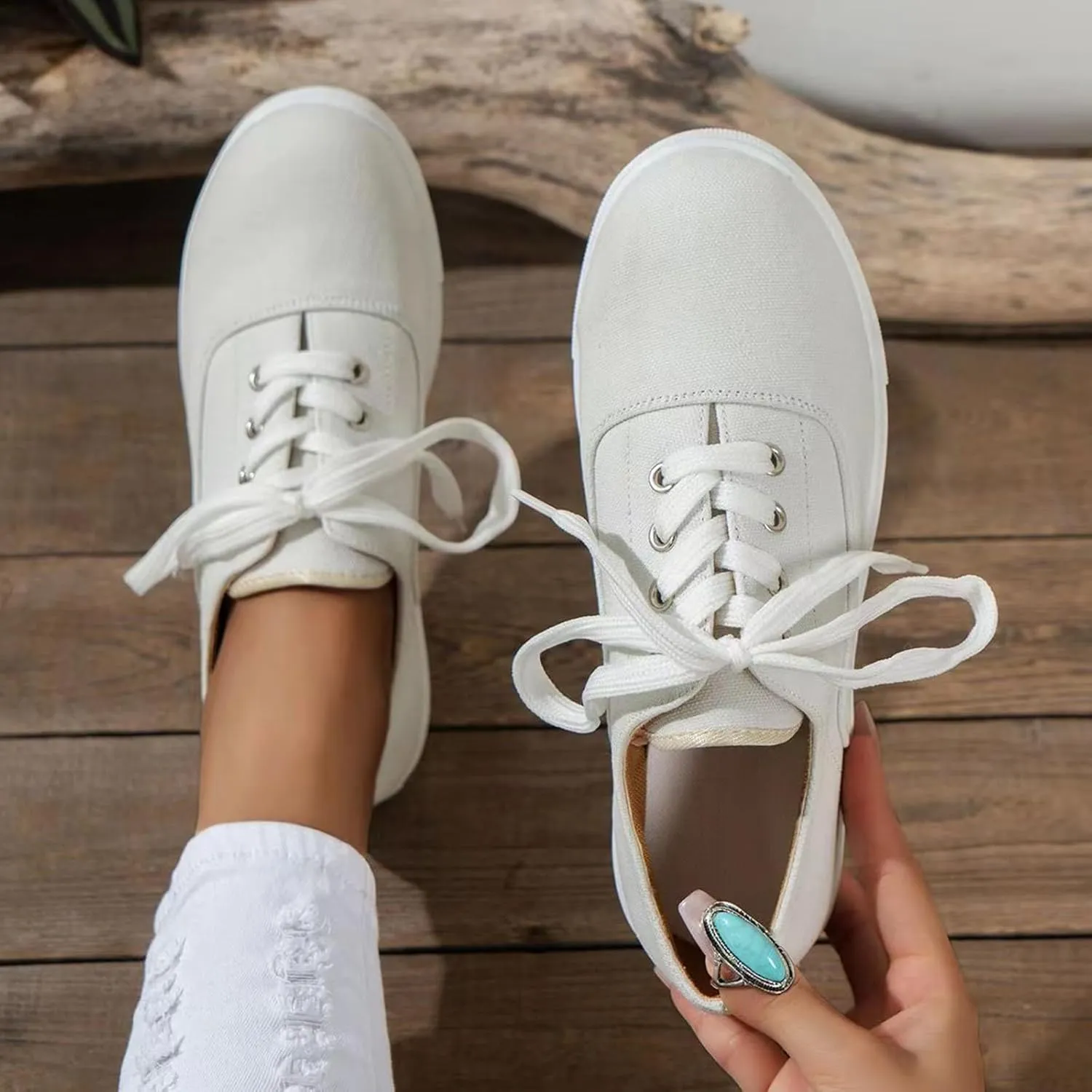 Women's Dress Flat Ballet Low Wedge Ladies Fashion Solid Canvas Breathable Lace Up Flat Women's Ballet Flat Comfortable
