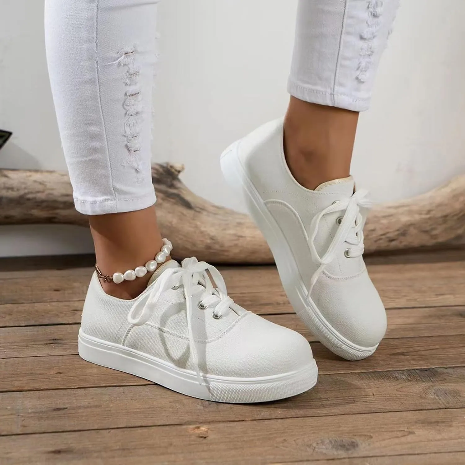 Women's Dress Flat Ballet Low Wedge Ladies Fashion Solid Canvas Breathable Lace Up Flat Women's Ballet Flat Comfortable