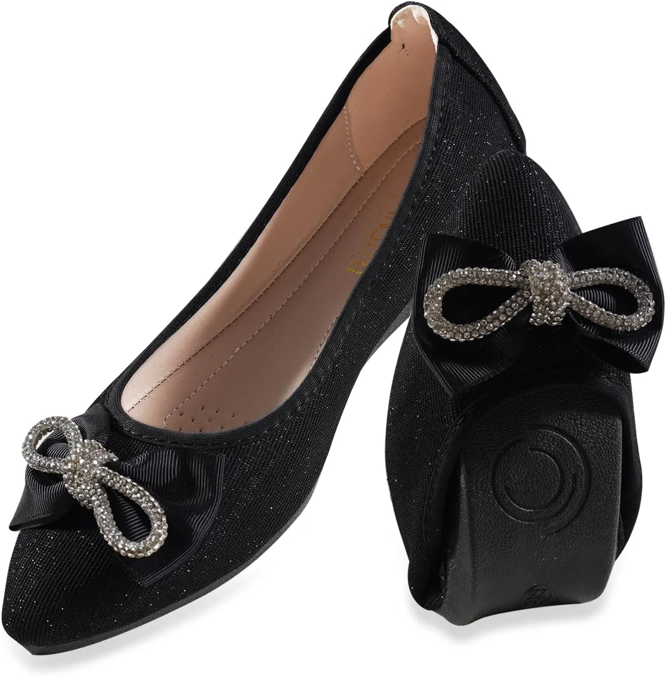 Women's Flats, Foldable Ballet Flats for Women, Fashion Bow Tie Pionted Toe Comfort Lightweight Slip-On Dress Shoes
