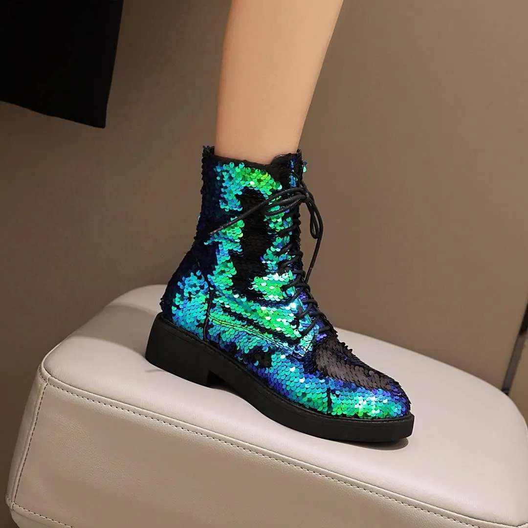 Women's Glitter Combat Boots Sparkle Sequin Platform Lace Up Booties Military Riding Boots Comfortable Motorcycle Goth Boots Side Zipper Round Toe Lug Sole Chunky Ankle Boots