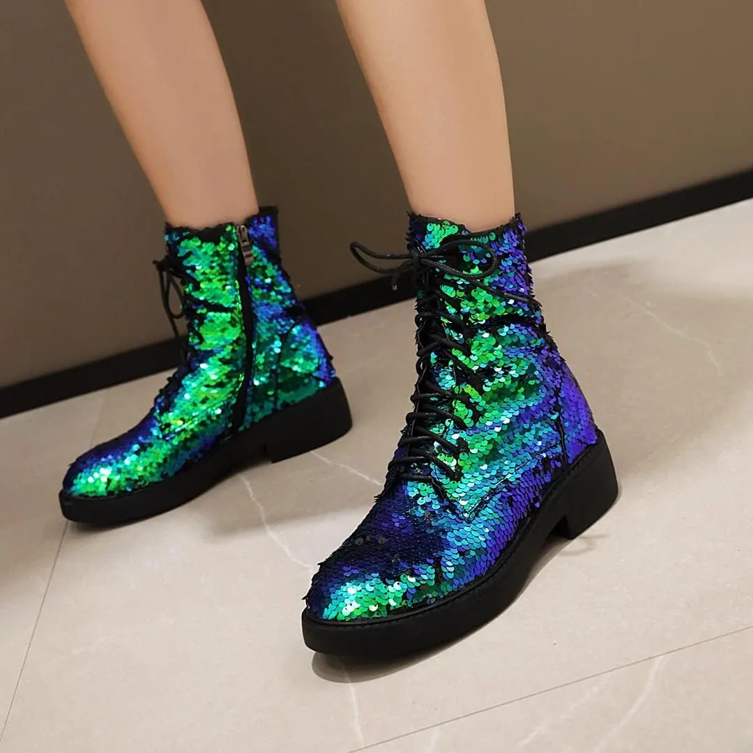 Women's Glitter Combat Boots Sparkle Sequin Platform Lace Up Booties Military Riding Boots Comfortable Motorcycle Goth Boots Side Zipper Round Toe Lug Sole Chunky Ankle Boots