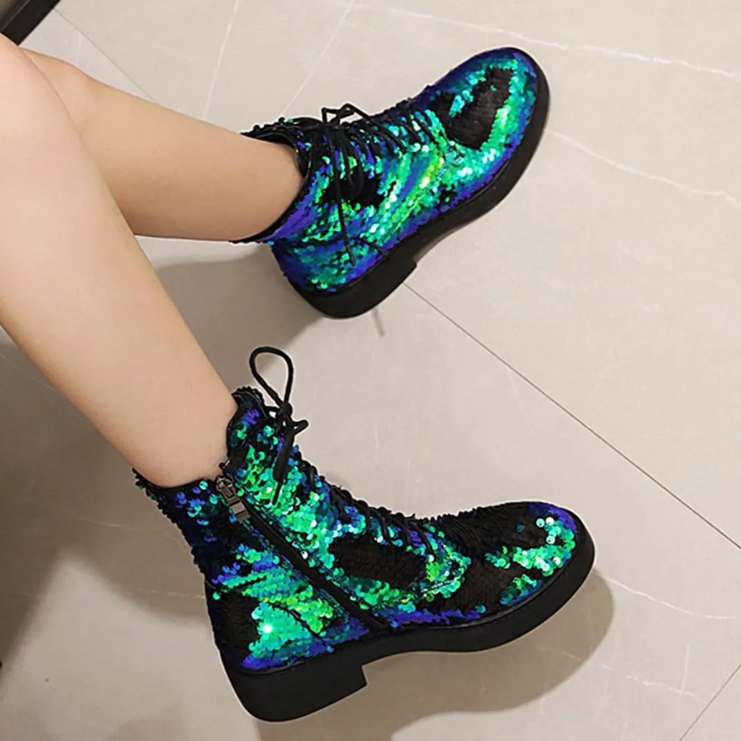 Women's Glitter Combat Boots Sparkle Sequin Platform Lace Up Booties Military Riding Boots Comfortable Motorcycle Goth Boots Side Zipper Round Toe Lug Sole Chunky Ankle Boots