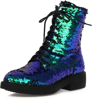 Women's Glitter Combat Boots Sparkle Sequin Platform Lace Up Booties Military Riding Boots Comfortable Motorcycle Goth Boots Side Zipper Round Toe Lug Sole Chunky Ankle Boots