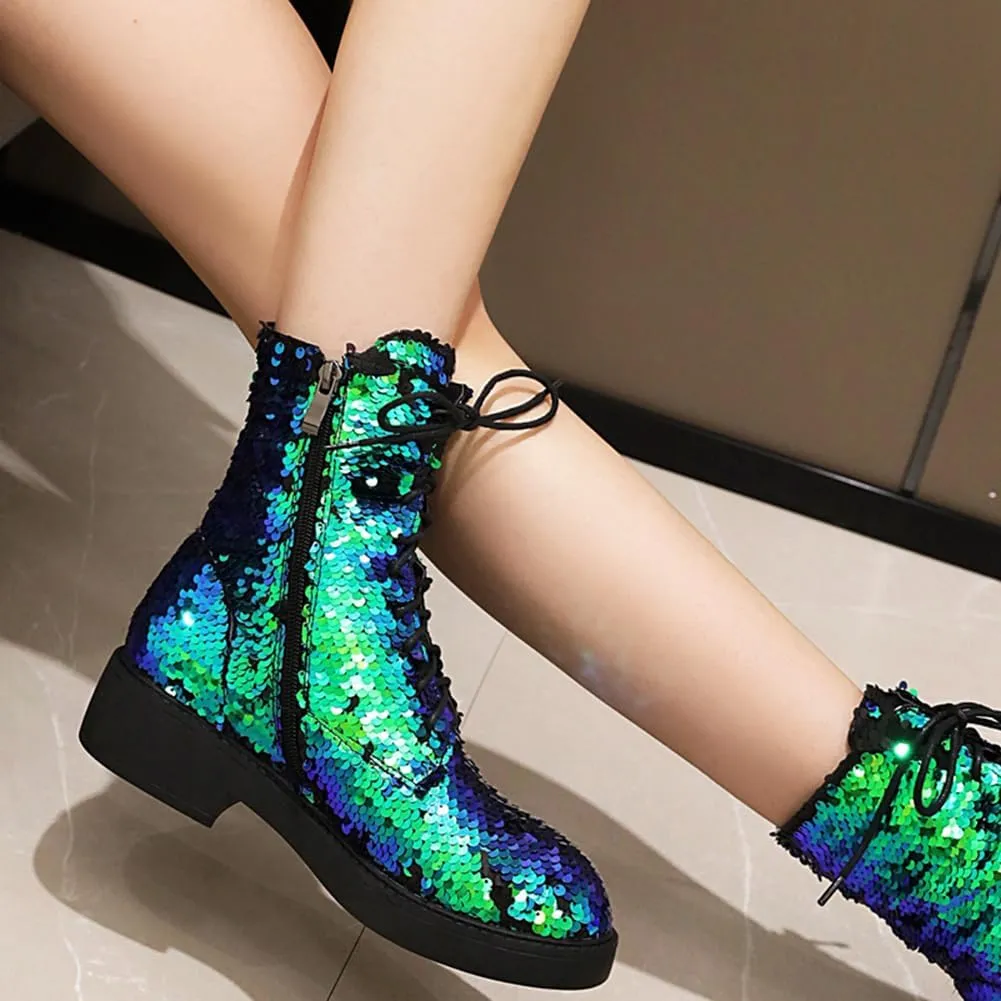 Women's Glitter Combat Boots Sparkle Sequin Platform Lace Up Booties Military Riding Boots Comfortable Motorcycle Goth Boots Side Zipper Round Toe Lug Sole Chunky Ankle Boots