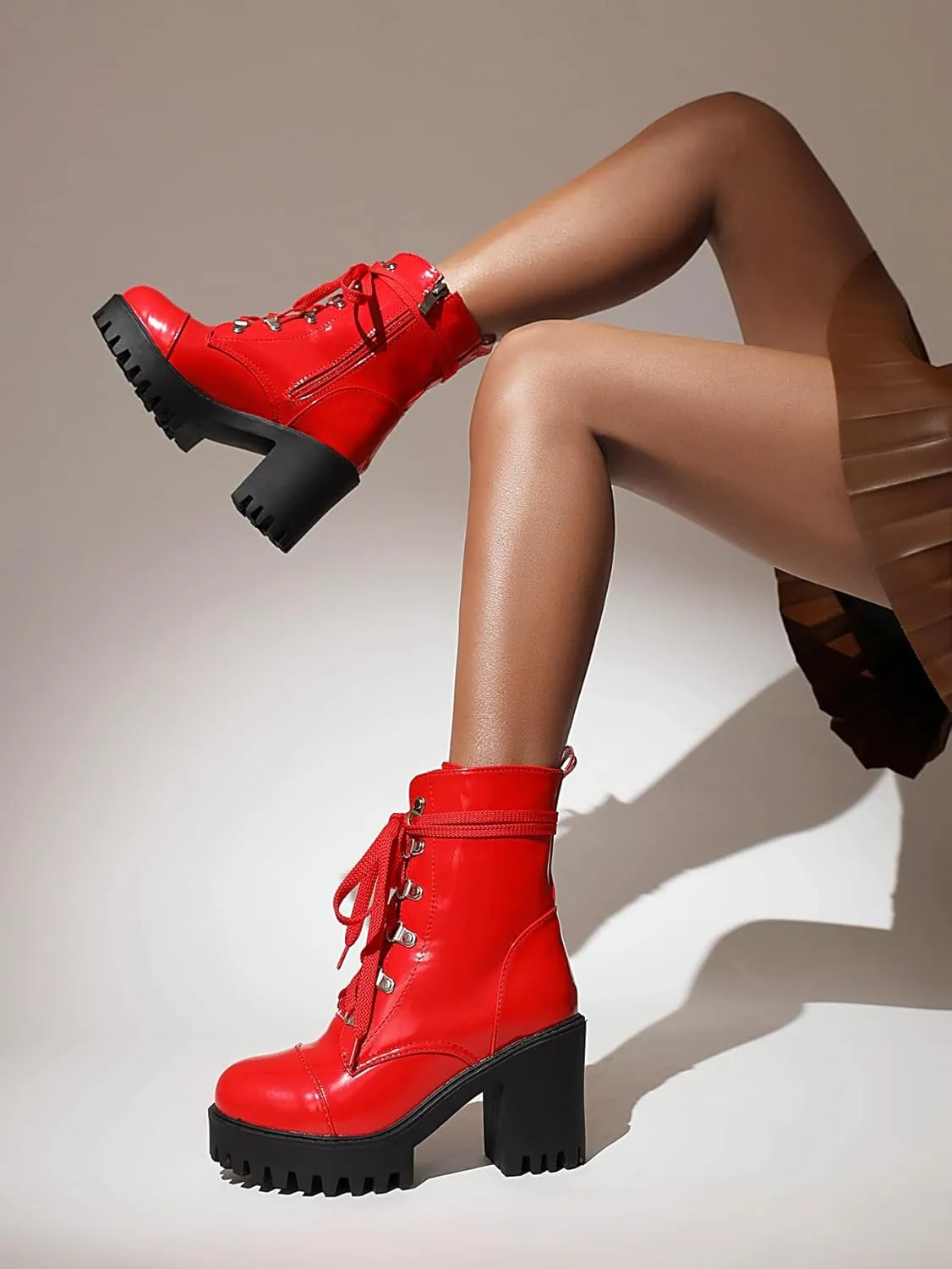 Women's Lace Up Combat Ankle Boots Platform Goth Boots Punk Motorcycle Lug Sole Ankle Booties Chunky High Heel Round Toe Side Zipper Shoes