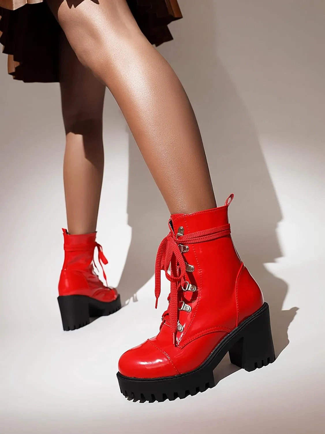 Women's Lace Up Combat Ankle Boots Platform Goth Boots Punk Motorcycle Lug Sole Ankle Booties Chunky High Heel Round Toe Side Zipper Shoes
