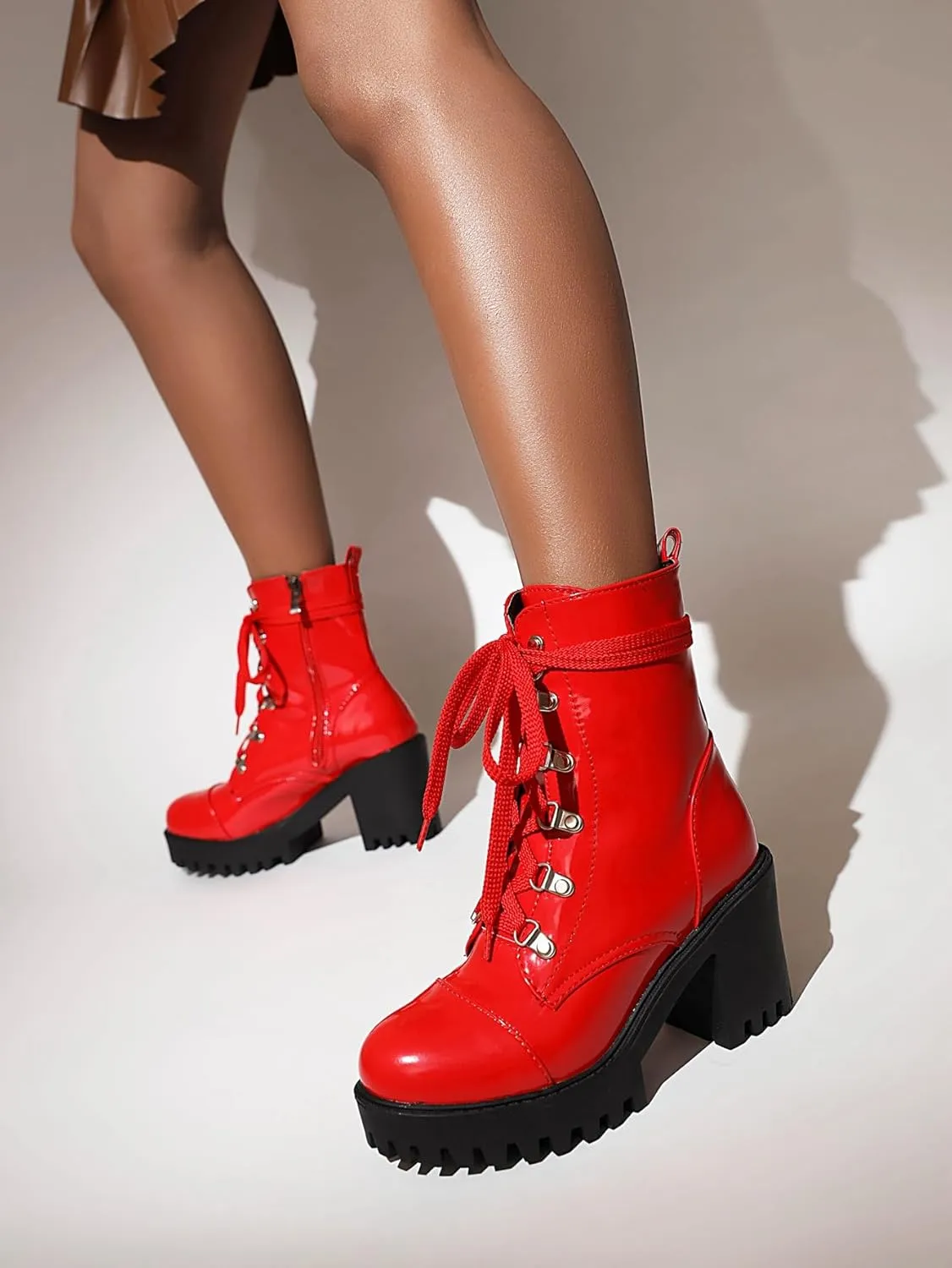 Women's Lace Up Combat Ankle Boots Platform Goth Boots Punk Motorcycle Lug Sole Ankle Booties Chunky High Heel Round Toe Side Zipper Shoes