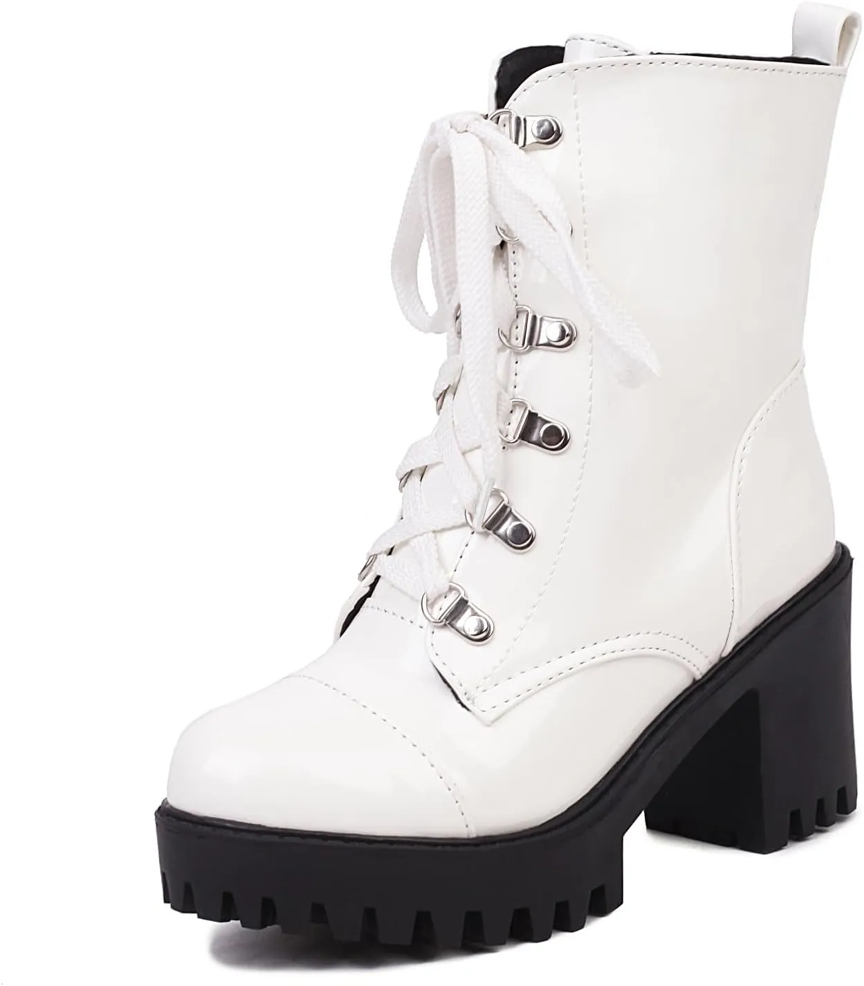 Women's Lace Up Combat Ankle Boots Platform Goth Boots Punk Motorcycle Lug Sole Ankle Booties Chunky High Heel Round Toe Side Zipper Shoes