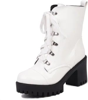 Women's Lace Up Combat Ankle Boots Platform Goth Boots Punk Motorcycle Lug Sole Ankle Booties Chunky High Heel Round Toe Side Zipper Shoes