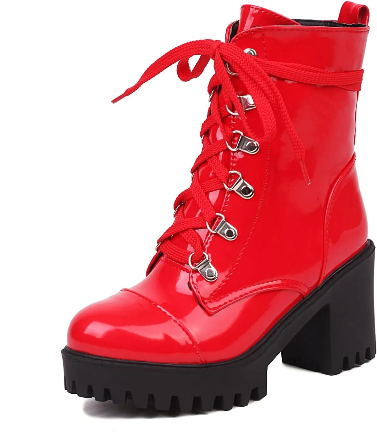 Women's Lace Up Combat Ankle Boots Platform Goth Boots Punk Motorcycle Lug Sole Ankle Booties Chunky High Heel Round Toe Side Zipper Shoes