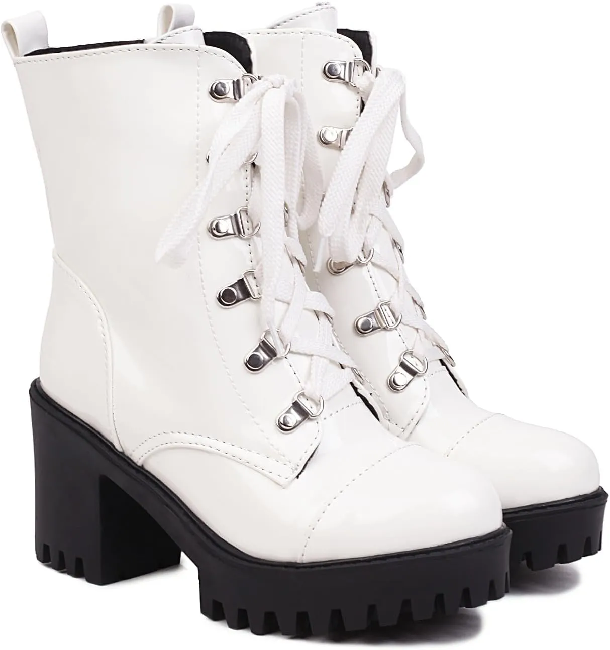 Women's Lace Up Combat Ankle Boots Platform Goth Boots Punk Motorcycle Lug Sole Ankle Booties Chunky High Heel Round Toe Side Zipper Shoes