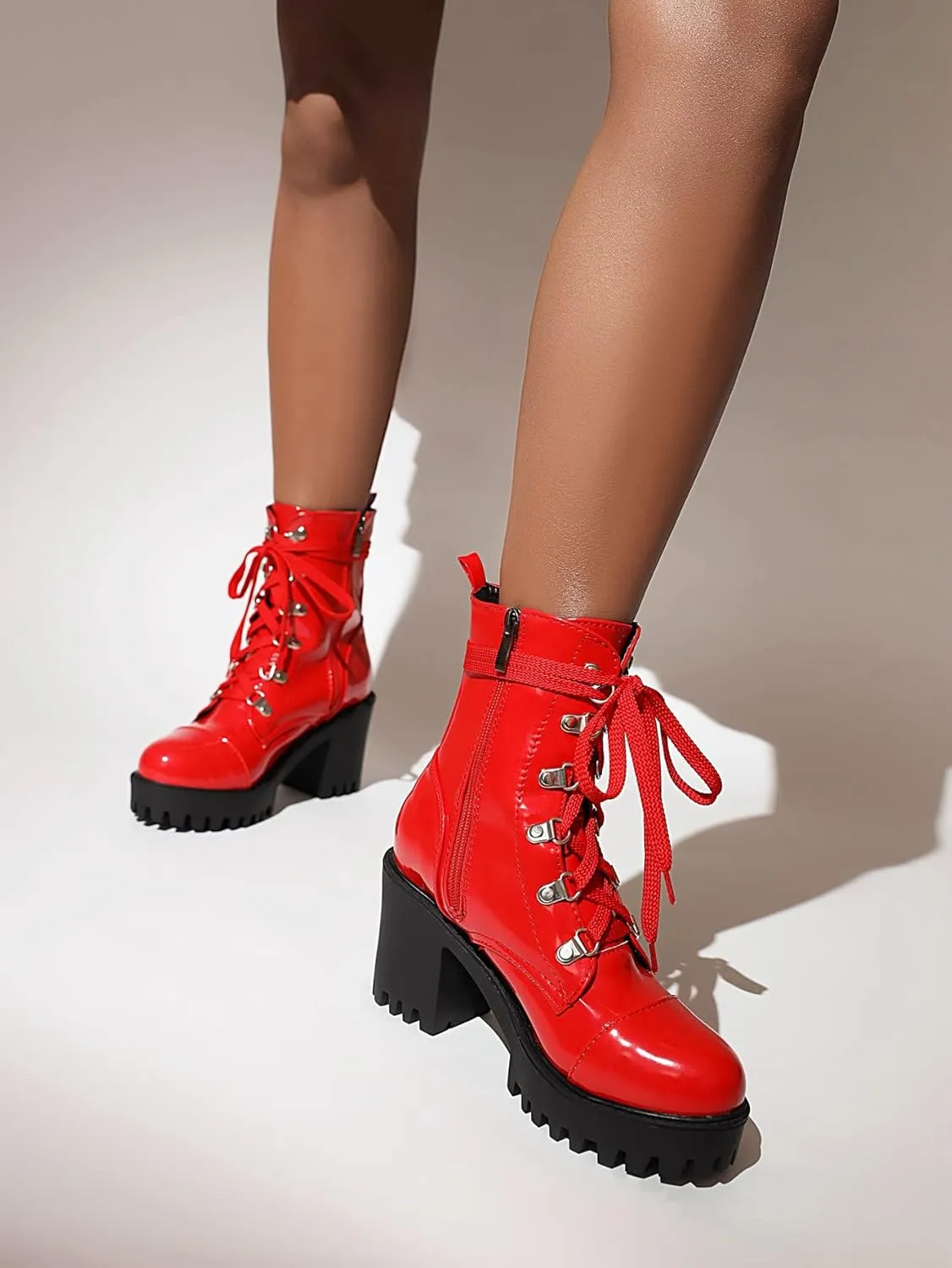 Women's Lace Up Combat Ankle Boots Platform Goth Boots Punk Motorcycle Lug Sole Ankle Booties Chunky High Heel Round Toe Side Zipper Shoes