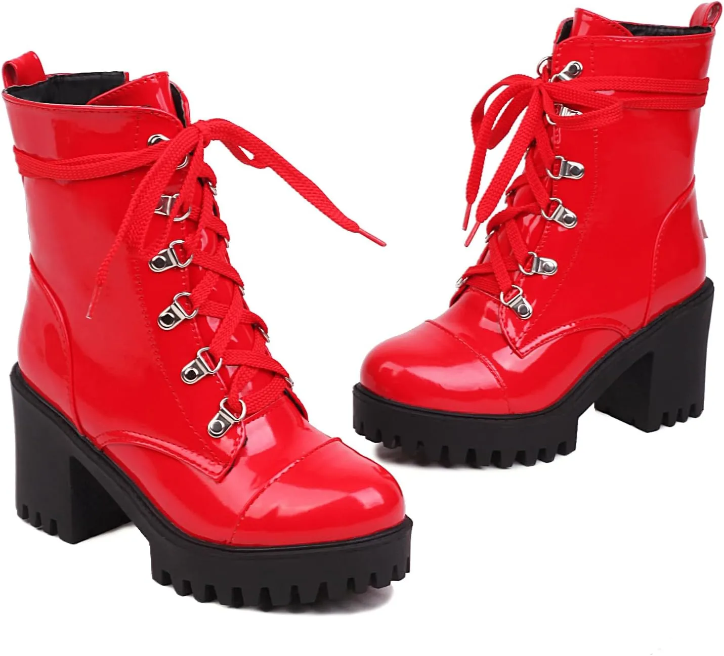Women's Lace Up Combat Ankle Boots Platform Goth Boots Punk Motorcycle Lug Sole Ankle Booties Chunky High Heel Round Toe Side Zipper Shoes