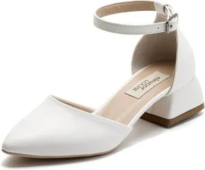 Women's Low Block Heels Pointed Closed Toe Ankle Strap Dress Pump Shoes
