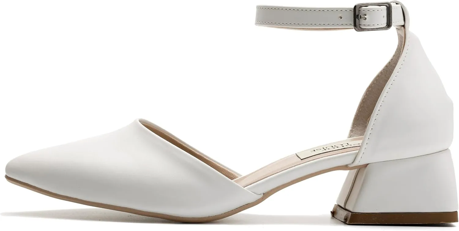 Women's Low Block Heels Pointed Closed Toe Ankle Strap Dress Pump Shoes