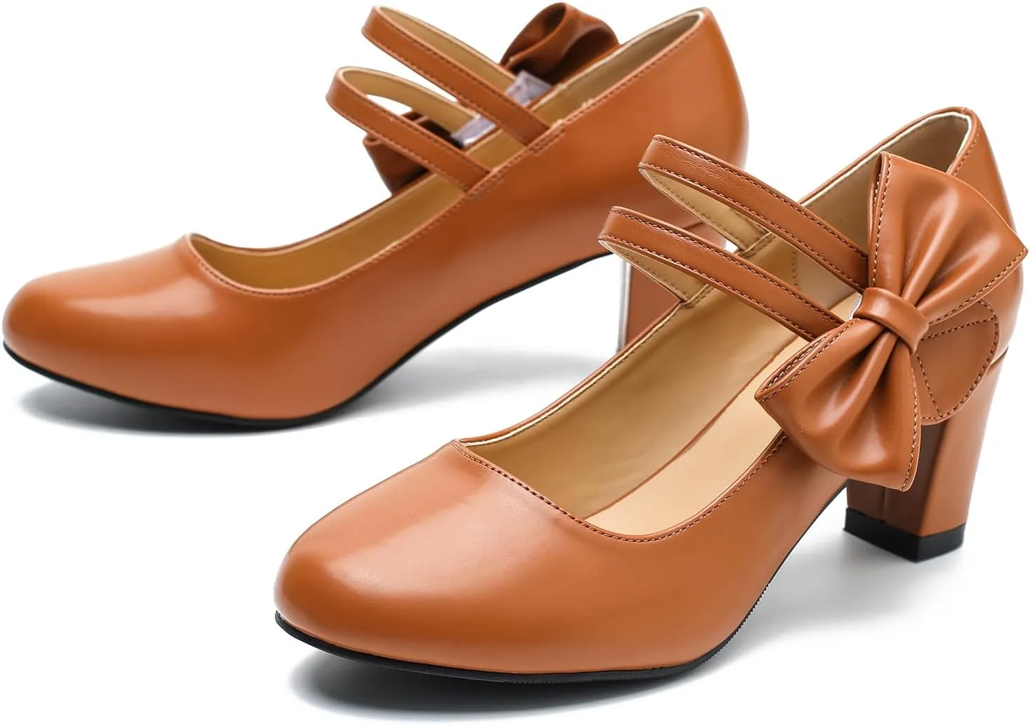 Women's Mary Jane Heels with Bow Low Heels Closed Chunky Block Double Ankle Strap Pumps Wedding Office Work Dress Shoes