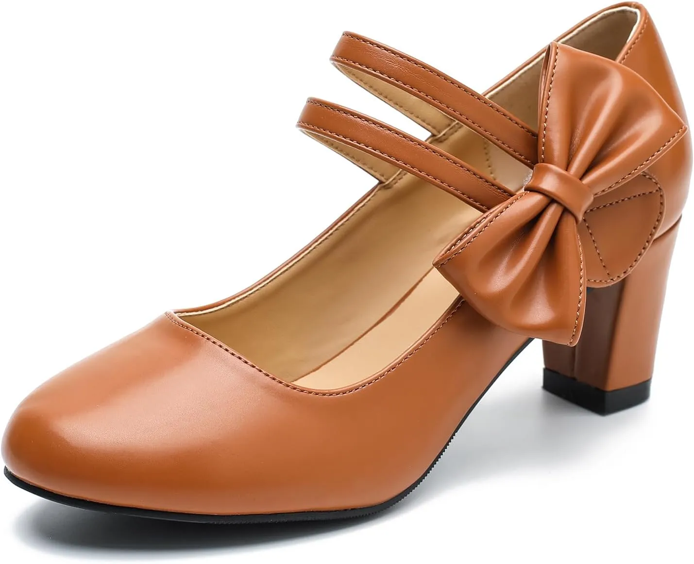 Women's Mary Jane Heels with Bow Low Heels Closed Chunky Block Double Ankle Strap Pumps Wedding Office Work Dress Shoes
