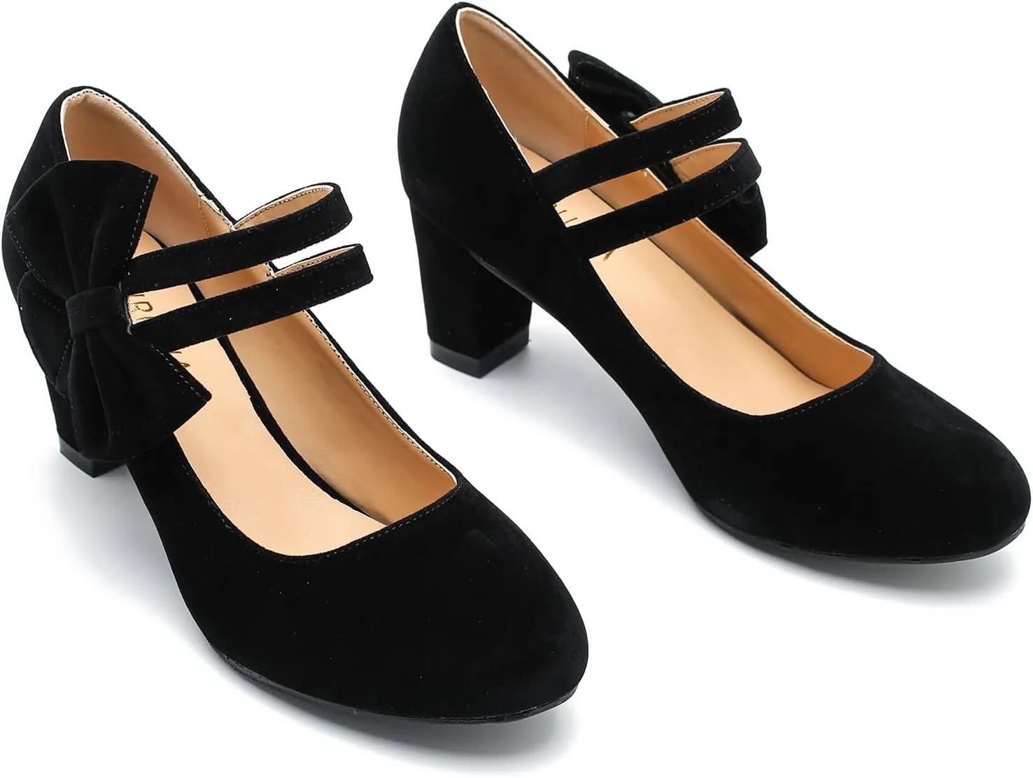 Women's Mary Jane Heels with Bow Low Heels Closed Chunky Block Double Ankle Strap Pumps Wedding Office Work Dress Shoes