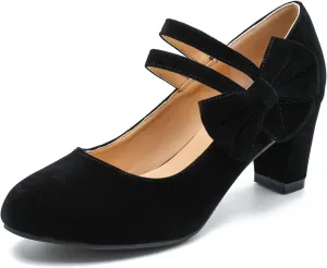 Women's Mary Jane Heels with Bow Low Heels Closed Chunky Block Double Ankle Strap Pumps Wedding Office Work Dress Shoes